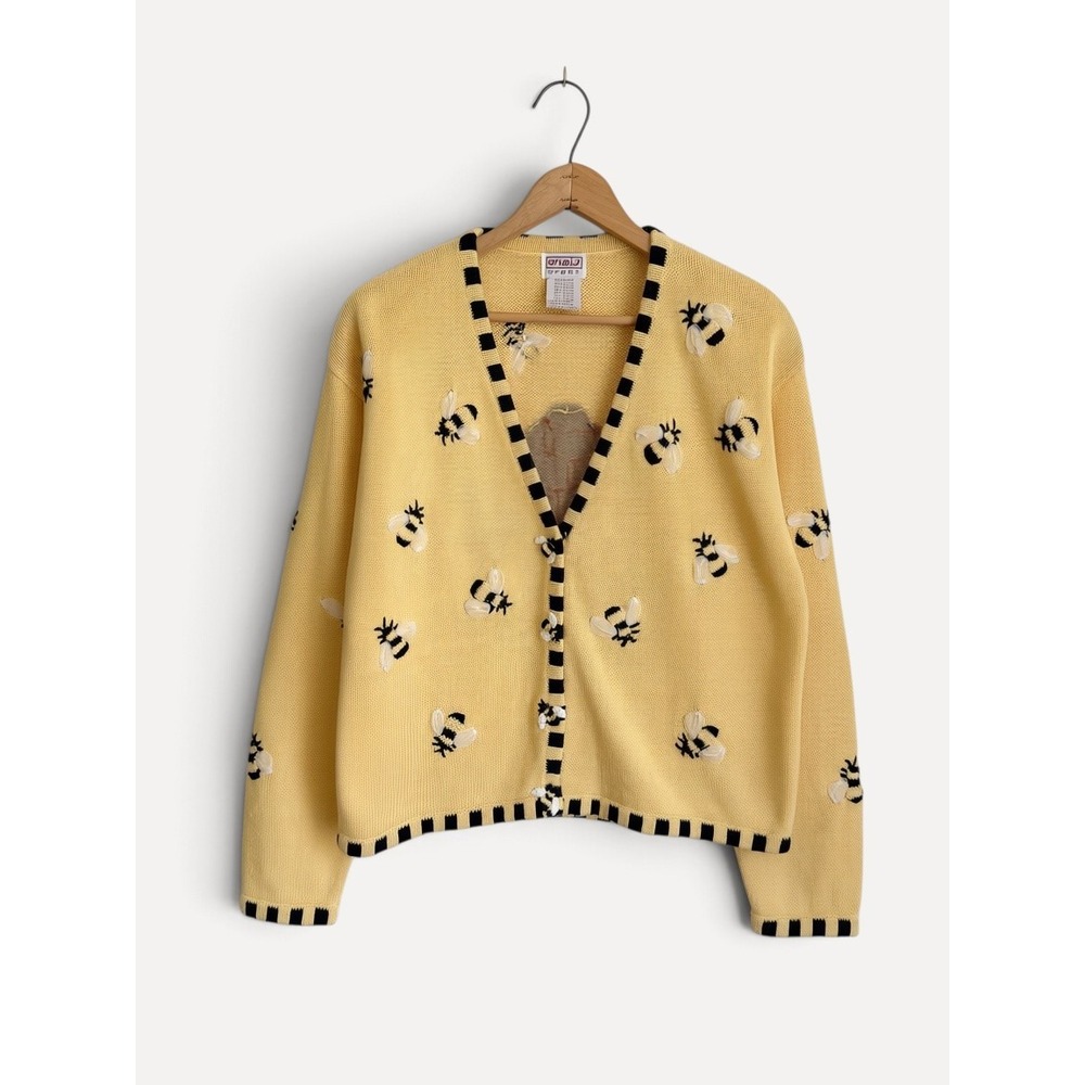 PBJ Sport Cardigan Bumble Bee Beehive Vintage Medium Yellow 3D Wing Knit Sweater